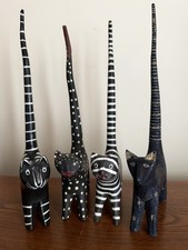 Vtg Hand Carved Bali Wood Long Tail Cat Figurines Set of 4 Folk Art Decor  picture