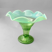 VTG Northwood Glass Green Opalescent Roulette Vase Ruffled Edge 60s Candy Dish picture