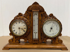 Antique English Deeply Carved Weather Station Mantel Clock 8-Day Timepiece picture