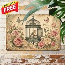 Shabby Chic Birdcage Roses Songbird Sign Rustic Cottage Metal Tin Plaque picture