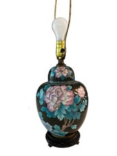 Exquisite VTG Chinese Cloisonné Ginger Jar Lamp 26 In Tall Black Floral Design picture