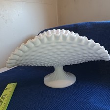 VNTG Fenton White Milk Glass Hobnail Ruffled Edge Banana Stand Fruit Bowl picture