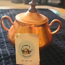 Tagus Copper Sugar Bowl w/ Lid Double Handles 2-Cup Vintage Portugal 1950s. Worn picture