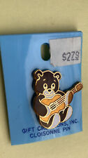 Cloisonne BROOCH GRIZZLY TEDDY BEAR LAPEL JACKET PIN GOLD TONE PLAYING GUITAR picture
