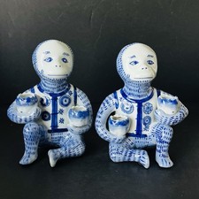 Vintage Blue & White Chinoiserie Porcelain Monkey Lotus Candle Holder Set Of 2 picture