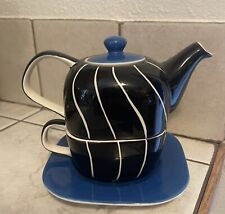 Hues ‘n Brews Teapot Tea Set with Plate and Cup Single Serve Blue picture