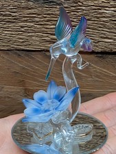 Hand Sculpted Art Glass Hummingbird Figurine 22K Gold Flower Mirror Stand in Box picture