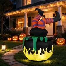6FT Halloween Inflatable Animated Kicking Witch, LED Light Up Flaming Cauldron, picture