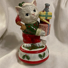 Lefton Vintage Ceramic Christmas Cat Figurine Music Box picture