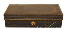 Antique Victorian Japanned Tin Document Box Black Gold Cash Lock Box No Key picture