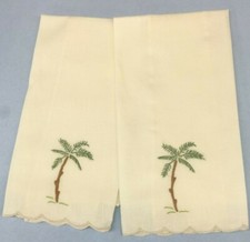 Pair Hand Embroidered Palm Tree Ecru Linen Guest Towel 2 pc set   picture