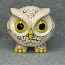 Vintage 70s Ceramic Owl 2 Piece White Yellow Trinket Box Lidded Dish Figurine picture