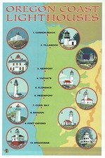 Oregon Coast Lighthouses, Newport, Florence etc - Modern Lighthouse Map Postcard picture