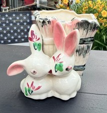 Vtg Bunny Rabbits Easter Ceramic Vase Planter Hand Painted Made In Japan Decor picture