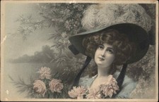 A/s RR Wichera ART NOUVEAU Beautiful Woman in Hat Flower Border Antique Postcard picture