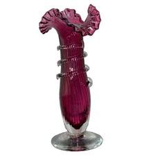 Vtg Handblown Vase Victorian Style Cranberry Ruffled Edge Coiled Ribbed Footed picture