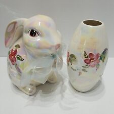 Bunny Rabbit Vase Lustreware Ceramic Spring Art Hand Painted Easter Vintage Gift picture