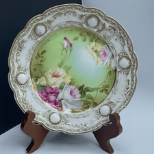 Antique Hand painted roses plate gold gilt picture
