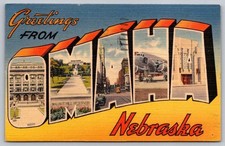 c1944 Greetings From Omaha Nebraska NE Large Letter Linen Tichnor Postcard picture