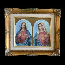 Roman Catholic Sacred Hearts of Jesus and Mary Ornate Gold Frame 11.5