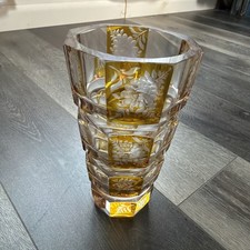 Vintage Art Deco Faceted & Engraved Crystal Glass Vase Bohemia Style picture