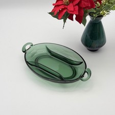 Vintage Emerald Green Glass 3-Compartment Relish Tray Scrolled Handles Christmas picture