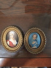 ​Vintage Miniature Oval Gilded Metal Frames French Rococo Lady Portrait Prints 2 picture