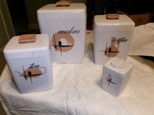 Vintage White Plastic Kitchen Canister Set of 4, Cookies, Coffee, Tea, S&P Combo picture