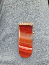 Antique Victorian Banded Agate & Brass Match Safe Vesta Case Red Orange White picture