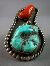 HUGE Vintage OLD PAWN Navajo Sterling Silver Turquoise & Coral Ring OVER 2”  picture