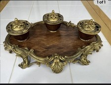 Vintage French Louis XV Style Gilt Bronze Wood Triple Inkwell picture