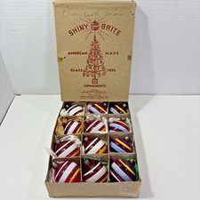Vtg WWII Unsilvered Shiny Brite Striped Glass Christmas Ornaments Eckardt w/ Box picture