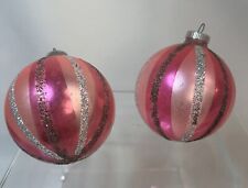 Vtg West Germany Glass Christmas Ornaments Pink Silver Striped Glitter MCM DBGM picture