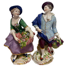 Italian Capodimonte Porcelain Figurines Man Grapes Woman Flowers Crown N Mark picture