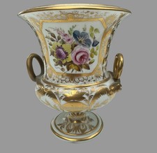 Antique German Porcelain Urn Vase Hand Painted Flowers Gilt Serpent Handles picture