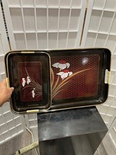 Vintage Set of 2 Black Lacquer Japanese Serving Trays picture