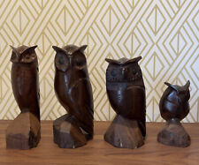 4Pcs Vintage Hand Carved Iron Wood Modernist Owls Mid-Century Made in Mexico picture