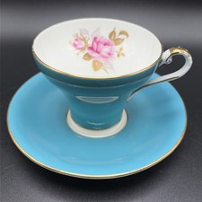 Vintage Aynsley Tea Cup & Saucer Set Teal Blue Pink Cabbage Rose Corset Gold picture