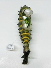 MIA Poland Glass Caterpillar Clip On Christmas Ornament Yellow Green Leaf Tag picture