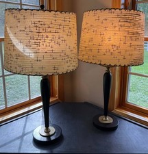 Vintage MCM Atomic Abstract Black & Gold Lamps+Amazing Fiberglass Shades ~ PAIR picture
