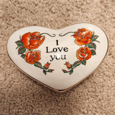 Vintage Heart-Shaped White Ceramic Trinket Box w/ Lid 