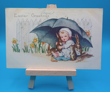 Antique Postcard Easter Greetings Girl w/Rabbits Under Umbrella Postmarked 1923 picture