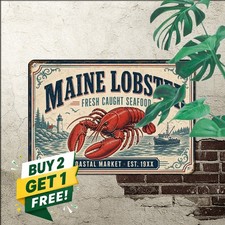 Fresh Maine Lobster Ocean Seafood Market Kitchen Plaque Retro Metal Tin Sign picture