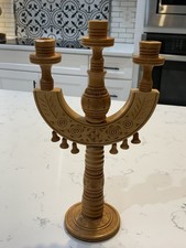 Vintage Ukrainian Hutsul Hand Carved Wooden Trinity Candelabra Folk Art 3-Candle picture