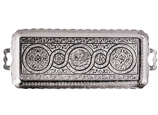 Turkish Metal Tray Teacup Long Narrow Tray Serving Coffee Tea 14.5x5.5 SILVER picture