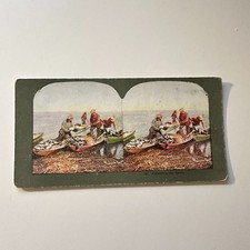 Unloading The Spoils Fishermen In Small Boats Antique Stereoview Card 5H6-3 picture