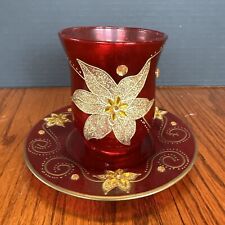 Ruby Red Glass Gold Glitter Jeweled Poinsettia Christmas Candleholder  picture