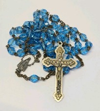 Antique Aqua Blue Crystal & Brass Rosary  22