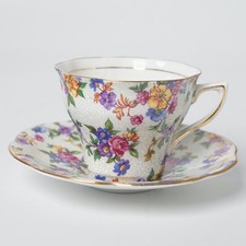 Vintage Rosina Bone China Chintz Floral Teacup & Saucer Gold Trim England picture