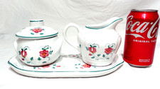 VINTAGE HEREND HUNGARY VILLAGE POTTERY PRIMROSE 4 PC TRAY, SUGAR & CREAMER SET picture